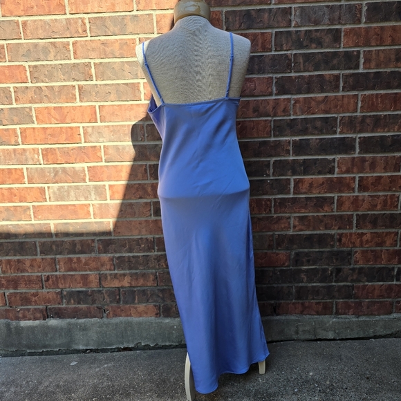 Express Satin V-Neck Downtown Cami Blue Slip Dress Size Medium Slits - Picture 5 of 11